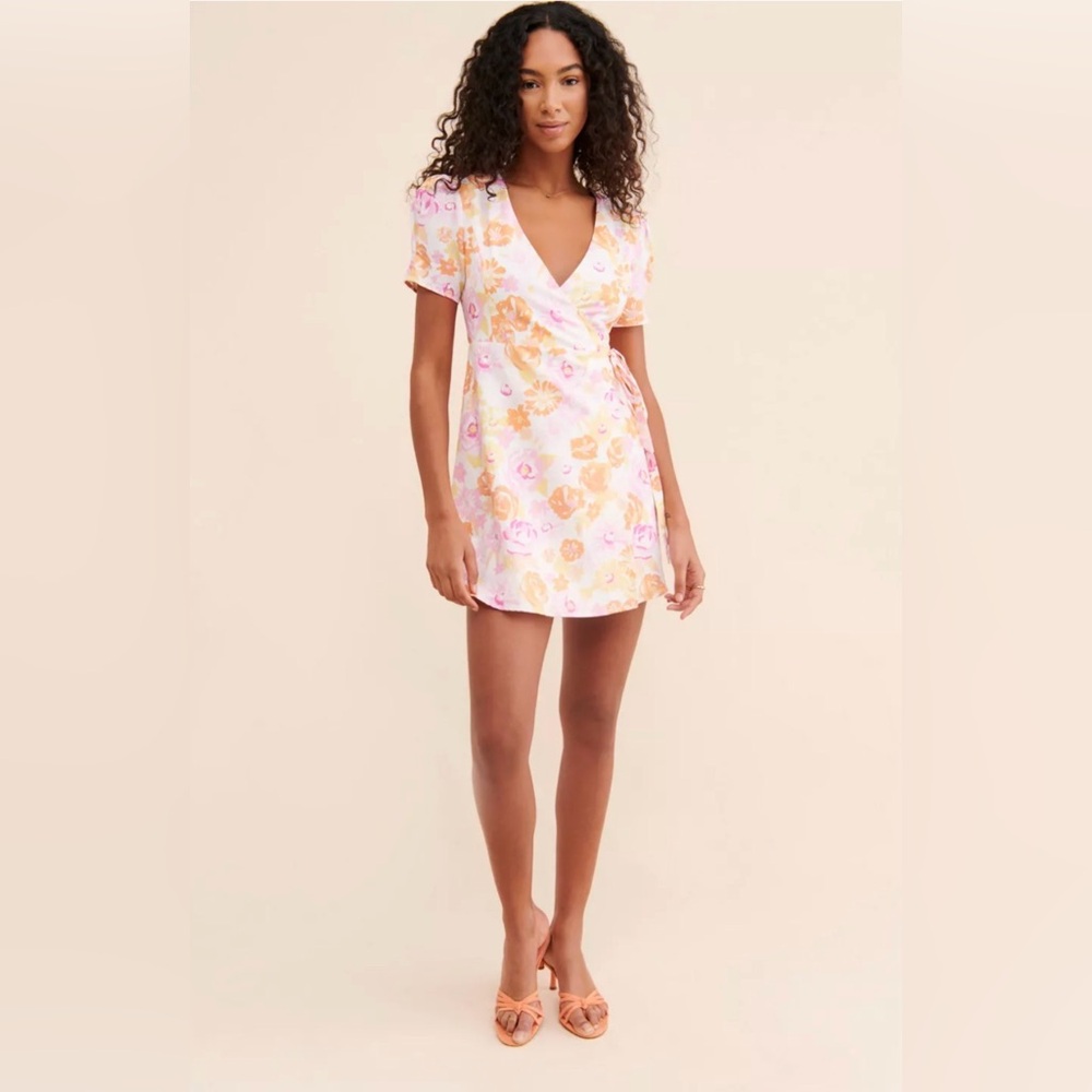 Charlie Holiday Pink & Yellow Floral Short Wrap Dress